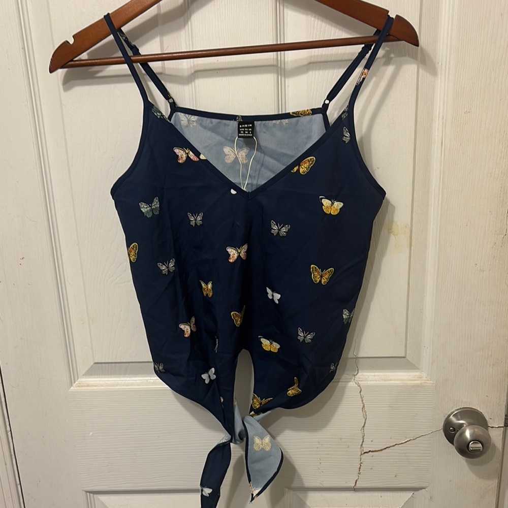 SHEIN Blue Silver Tie Front Sleeveless Camisole